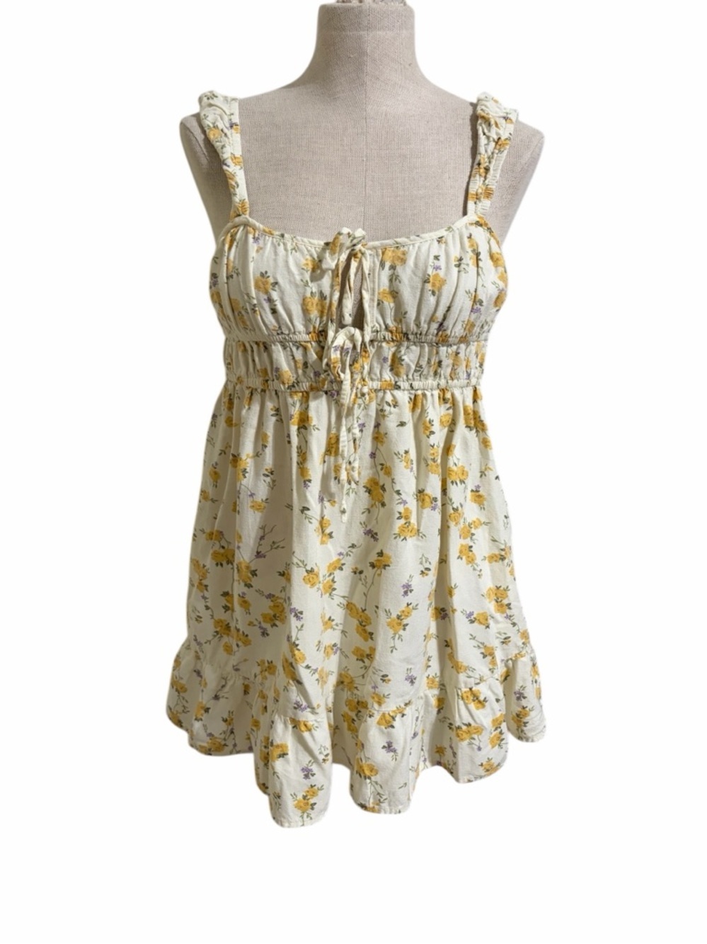 Sim & Sam Ditsy Floral Smocked Tank Top Linen Yellow Cottagecore Y2K Babydoll XL